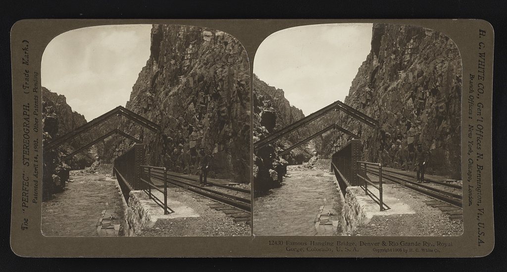 Famous Hanging Bridge, Denver & Rio Grande Railway, Royal Gorge, Colorado, c.1906