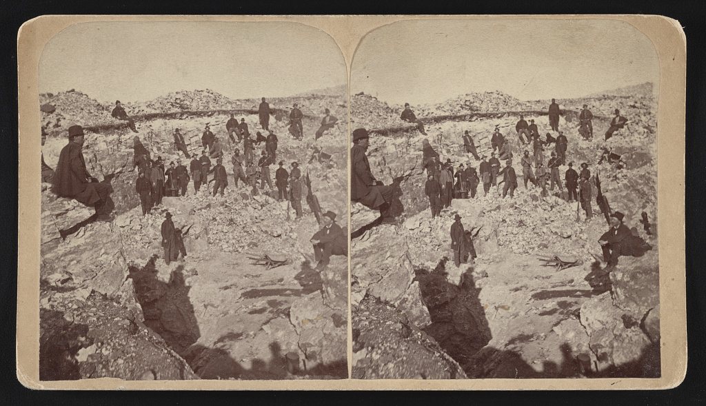 "The day of the big strike, Racine Boy Mine, Silver Cliff, Colorado," c.1880 — miners during the silver boom